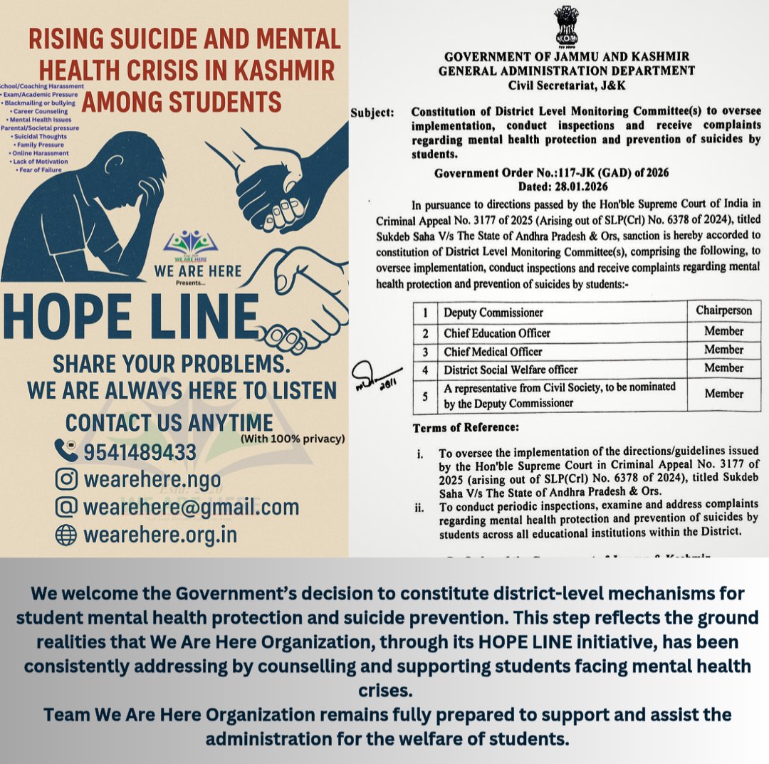 We welcome the Government’s decision to constitute district-level mechanisms for student mental health protection and suicide prevention. This step reflects the ground realities that We Are Here Organisation, through its *HOPE LINE* initiative, +

<a href="/DrBilalbhatIAS/">Dr Bilal M Bhat IAS</a> <a href="/DC_Budgam/">Deputy Commissioner Budgam</a>