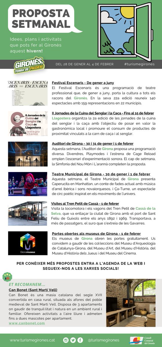 🐗 El gener ha passat volant, i el febrer ja ens està esperant!

📅#PropostaSetmanal del 28 de gener al 4 de febrer al #Gironès!   

➡️turismegirones.cat/wp-content/upl…

📬 Entra al web i SUBSCRIU-TE per rebre-la cada setmana abans que ningú!

#turismegirones