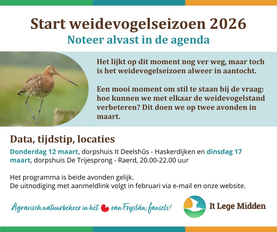 Goed weidevogelbeheer is elk jaar weer een gezamenlijke inspanning van boeren, loonwerkers, nazorgers, jagers en ecologen. Voor hen organiseren we in maart twee avonden als aftrap van het weidevogelseizoen 2026. #ANLb #weidevogels
