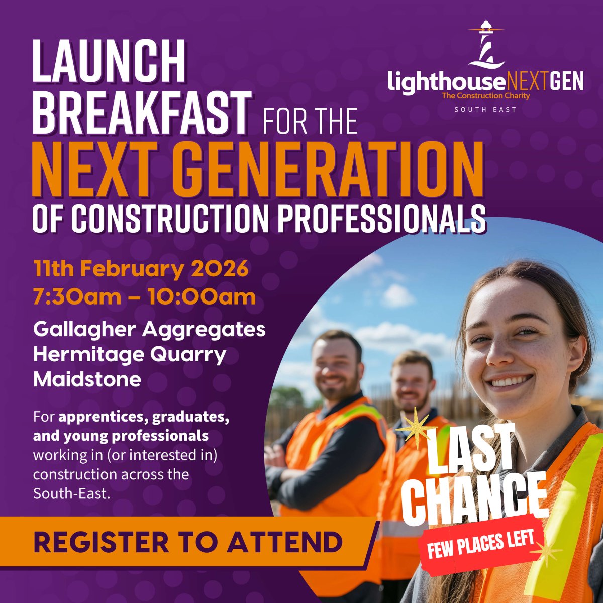 Gallagher_Team's tweet image. ⏰ Last chance — just a few places left

Join us for the Lighthouse Club NextGen South East Launch Breakfast 🏗️

📅 11 Feb | 📍 Maidstone | ☕ Breakfast &amp;amp; industry insight

🎟️ Book now 👉 bit.ly/NextGenBreakfa…

#NextGenConstruction #ConstructionCareers #LighthouseClub