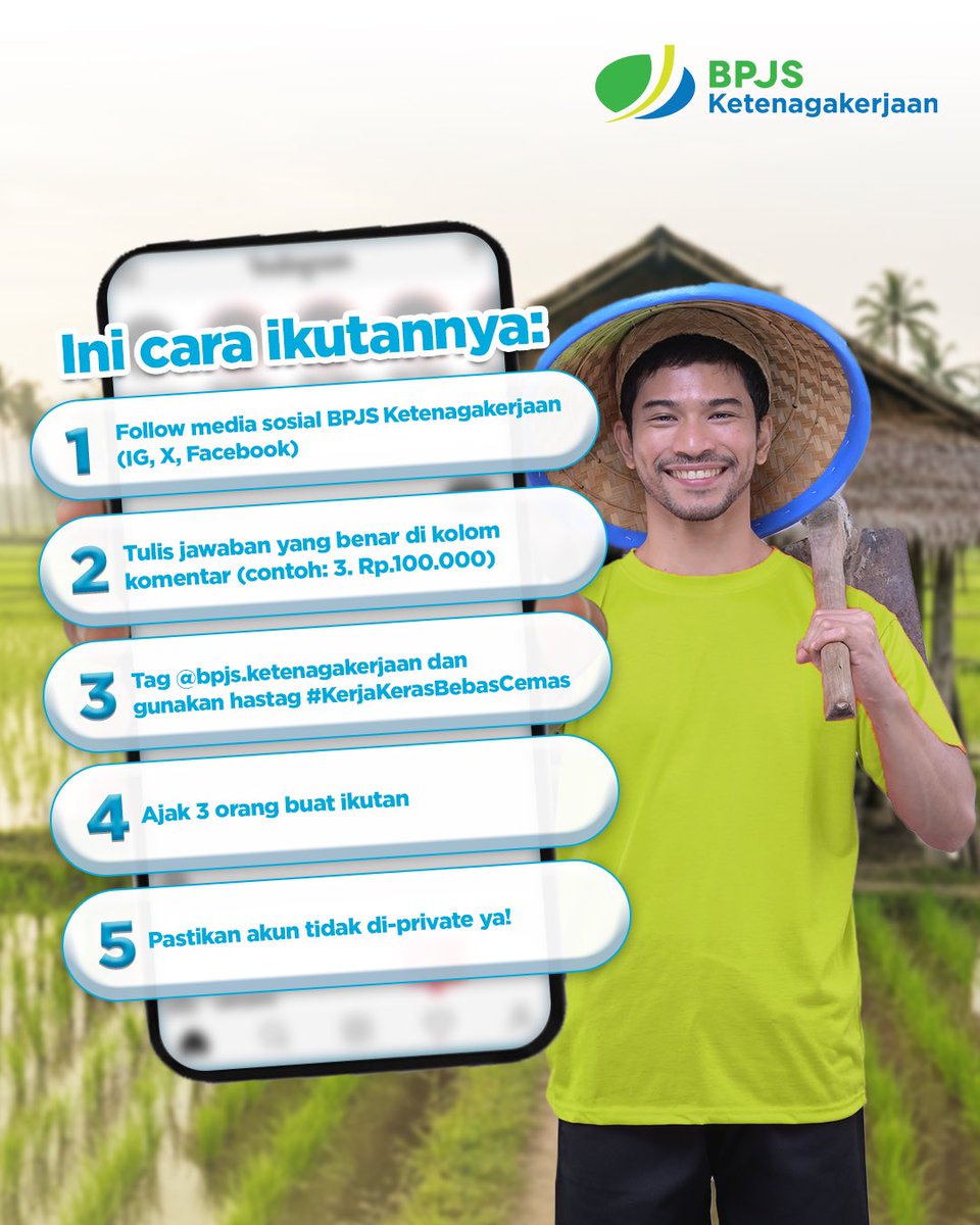 Hayoo.. Tau gak berapa iuran perlindungan pekerja Bukan Penerima Upah kayak Pak Tani ini, dengan asumsi upah dasar Rp1.000.000? 

Clue: dengan iuran ini, mereka dapat JHT, JKK, JKM. Tebak di kolom komentar, ya! 

Ada hadiah saldo e-wallet Rp200.000 untuk 10 orang beruntung! 💸