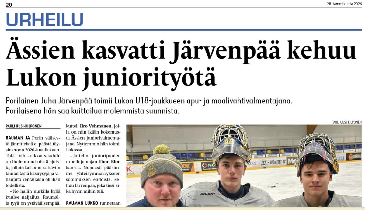 "Täällä ovat resurssit kunnossa ja tasokasta väkeä joka portaassa", sanoo porilainen Lukko-valmentaja Juha Järvenpää 😊🏒

Juttu luettavissa tämän viikon UutisRaumassa. Linkki näköislehteen: uutisrauma.fi/neodirect/stat…

#Lukko #U18SM #UutisRauma