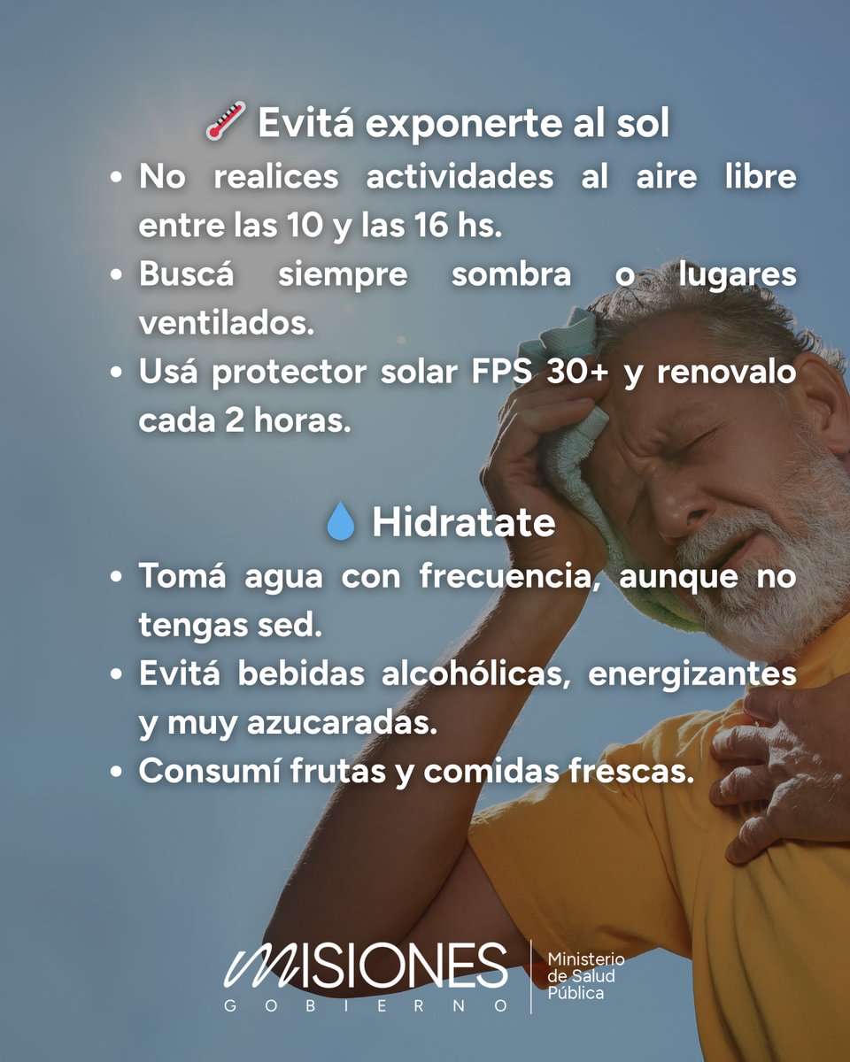 🔥 Calor extremo
☀️ Evitá el sol de 10 a 16 hs
💧 Hidratate aunque no tengas sed
🧴 Usá protector solar FPS 30+
🍉 Elegí comidas frescas
Prevení golpes de calor.