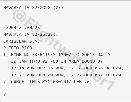 Aviso náutico emitido por la Guardia Costera de EE.UU. y la Agencia Nacional de Inteligencia Geoespacial (NGA) para navegantes en el Mar Caribe, zona de Puerto Rico.

Viene a decir que en la zona del rectángulo rojo se haran ejercicios de bombardeo desde el día 30 de enero al 2