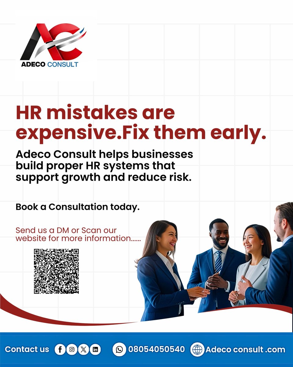 Adecoconsult01's tweet photo. HR is not just paperwork.
It protects your business, your staff, and your future growth.
At Adeco Consult, we help businesses fix HR mistakes before they become expensive problems.

DM “HR” to get professional support.
#HRMistakes #BusinessTips #StartupHR #HRNigeria #AdicoConsult https://t.co/OVQFGkI7GF