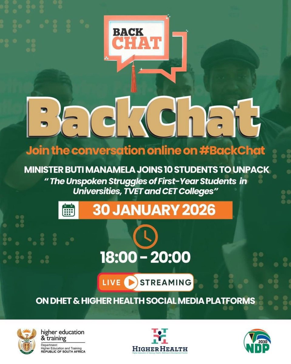 _AVCOLLEGE's tweet photo. Join the BackChat discussion as Minister Buti Manamela engages with students on the unspoken struggles in universities, TVET &amp; CET colleges.
📅 30 January 2026
 ⏰ 18:00 – 20:00
 📲  DHET &amp; Higher Health social media platforms
#BackChat #HigherEducation #AVCollege #TrendingNow https://t.co/3bnRov7Hnt