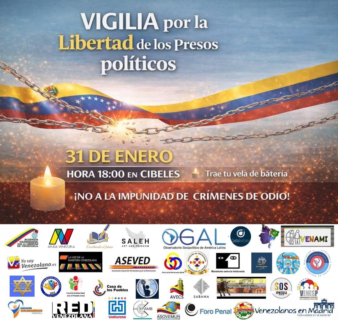 🇻🇪 Este sábado 31 de enero a las 18.00 desde Cibeles los #VenezolanosEnMadrid alzamos la voz para exigir:
✅ Liberación plena de todos los presos políticos
❌ Cierre de todos los centros de tortura
#LibertadParaLosPresosPolíticos 
#Venezuela
#AyudaVenezuela
#YoSoyVenezolano