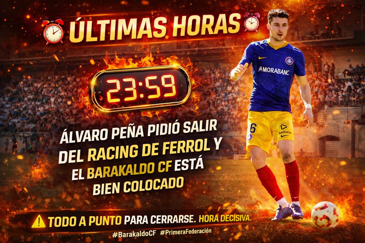 ⏰🚨 ÚLTIMAS HORAS 🚨
🚨 Según informa <a href="/__AngelGarcia__/">Cazurreando</a>
🔥 Álvaro Peña ha pedido salir del <a href="/racingferrolsad/">Racing Club Ferrol</a> para volver al País Vasco.
⌛ El tiempo se agota y el <a href="/BarakaldoCF/">Barakaldo C.F.</a> está muy bien colocado para cerrar la operación.
⚠️ Movimiento clave.
#BarakaldoCF #PrimeraFederación ⏳