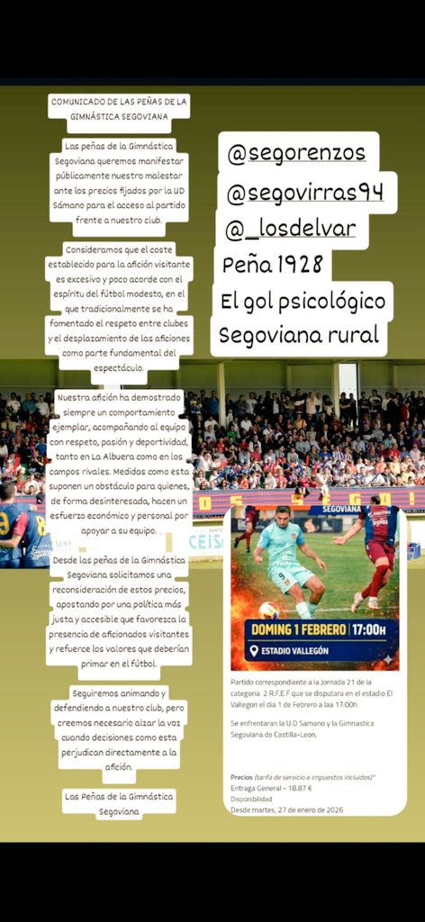 Comunicado conjunto de todas las peñas de la Gimnástica Segoviana por los precios abusivos de la <a href="/UDSamano/">U.D. Sámano</a> para el partido del domingo ante la Gimnástica (18'87€). Algunas de ellas y muchos aficionados que pensaban viajar se plantarán si no se reduce el precio.