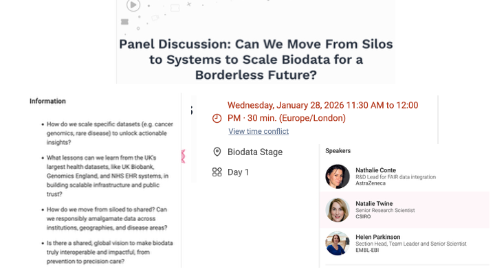 GWASCatalog's tweet image. The GWAS Catalog is at the Festival of Genomics! #FOG2026
Come to the Poster Zone to learn more about our new REST API, and join the 11.30am panel discussion to hear Principal Investigator Helen Parkinson talk about scaling #biodata
