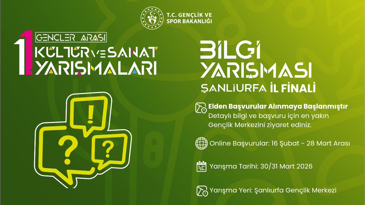 Gençler arası Kültür ve Sanat Yarışmaları Şanlıurfa İl Finalleri başlıyor. 

Tiyatro, Ses, Şiir Okuma ve Bilgi Yarışması dallarında yeteneğini göstermek isteyen gençlerimiz sizleri en yakın Gençlik Merkezimizde bekliyoruz.

<a href="/OA_BAK/">Dr. Osman Aşkın Bak</a>
<a href="/gencliksporbak/">Gençlik ve Spor Bakanlığı 🇹🇷</a>
