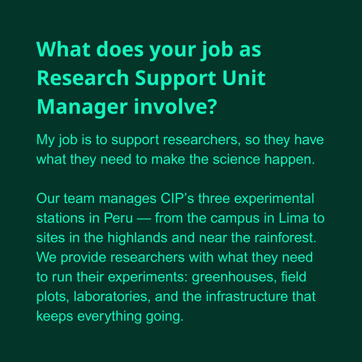 CGIAR's tweet photo. What does it take to make science work?
Meet Giovanna Müller, Research Support Unit Manager at CIP in Lima 🇵🇪. A biologist & plant virologist, she bridges research and operations to help science deliver impact.
#WomenInScience #CGIAR #CareersInScience https://t.co/SgMkB3d93R