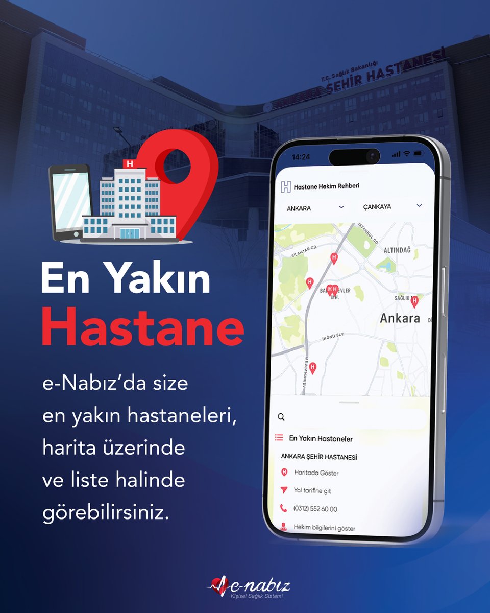 e-Nabız’da size en yakın hastaneleri, harita üzerinde ve liste halinde görüntüleyebilirsiniz.