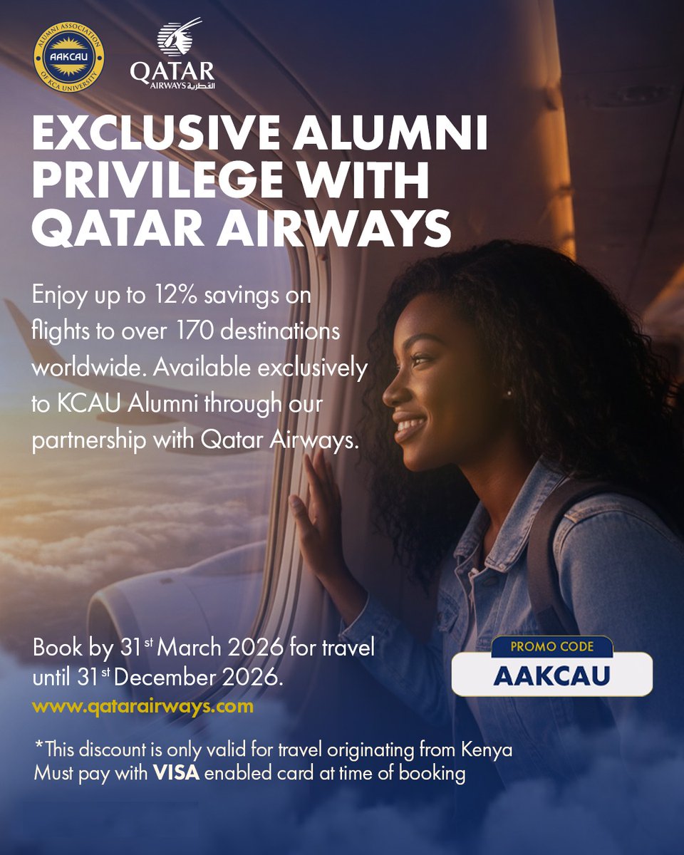 We are excited to announce our partnership with Qatar Airways.

 Through our partnership with Qatar Airways, KCA University alumni can now enjoy up to 12% savings on flights to over 170 destinations worldwide.

From KCA to the world.
