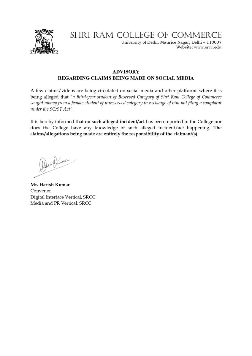 SRCCOfficial's tweet photo. A few claims/videos are being circulated on social media and other platforms where it is being alleged that “a third-year student of Reserved Category of SRCC sought money from a female student of unreserved category in exchange of him not filing a complaint under the SC/ST Act”. https://t.co/kr5tC6AzuB