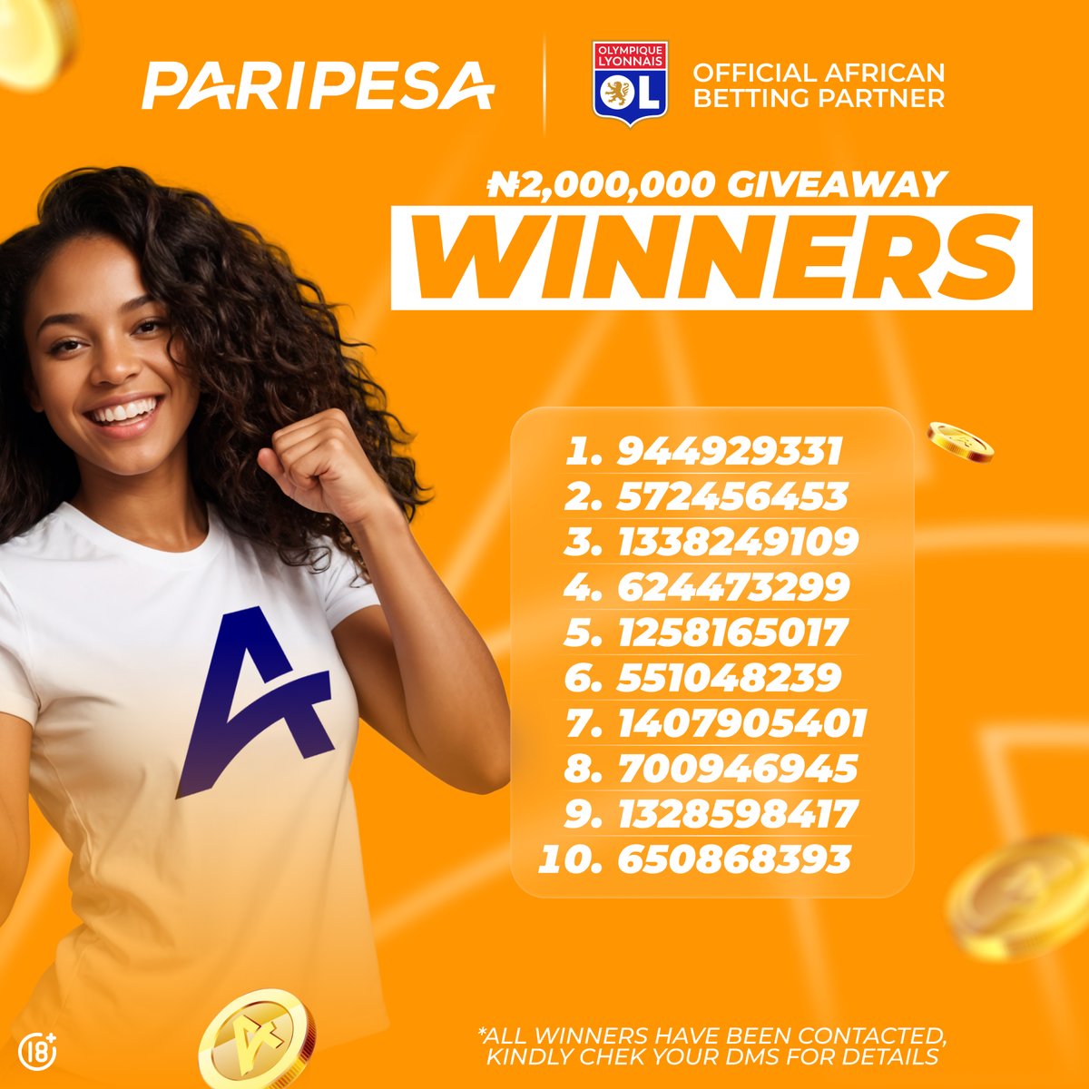 PariPesaNigeria's tweet image. 🎉 ₦2,000,000 GIVEAWAY RESULTS

We randomly picked 20 winners — each gets ₦100,000 in Free Bets from PariPesa! Check the list below.

Congrats to all winners! Thanks for being with us!

Missed this one? Don't worry.
Follow + register now — next giveaway drops soon!