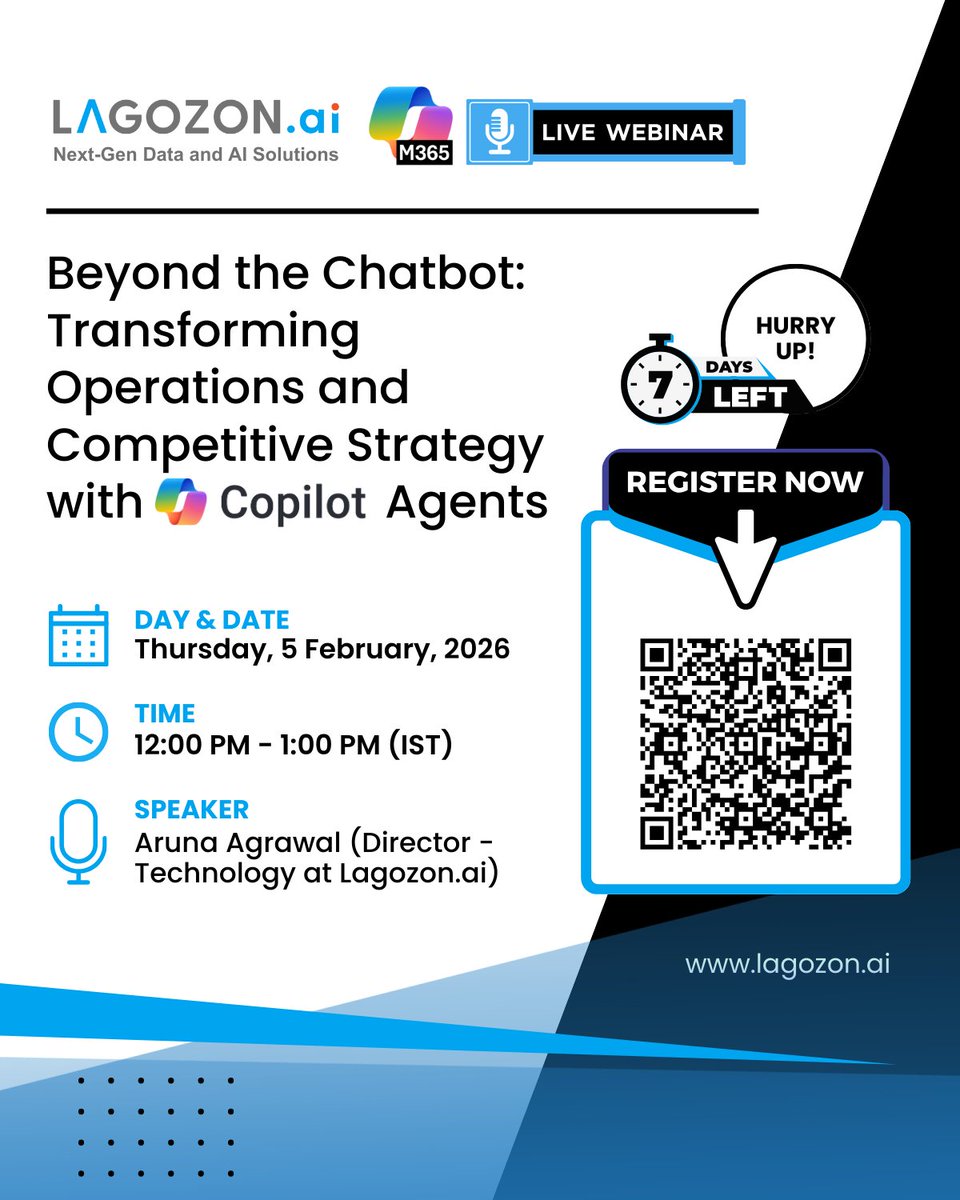 Lagozon's tweet photo. Beyond the Chatbot: See how Copilot Agents drive ROI, automate workflows, and create competitive advantage with trusted enterprise data. 

Register now:
https://t.co/5L3e1uUiFi

#CopilotAgents #Microsoft #Lagozon #Copilot https://t.co/FKvJMNkBQN