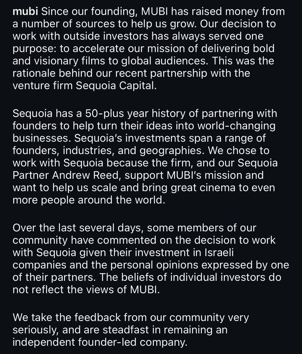 sogoesthelove's tweet image. ricordo a chi è interessato che, quando l’anno scorso si interrogò mubi sulla loro collaborazione con sequoia (venture capitalist complice del genocidio palestinese), rilasciarono questa dichiarazione senza dissociarsi né prendere posizione; abbracciate la pirateria piuttosto♥︎