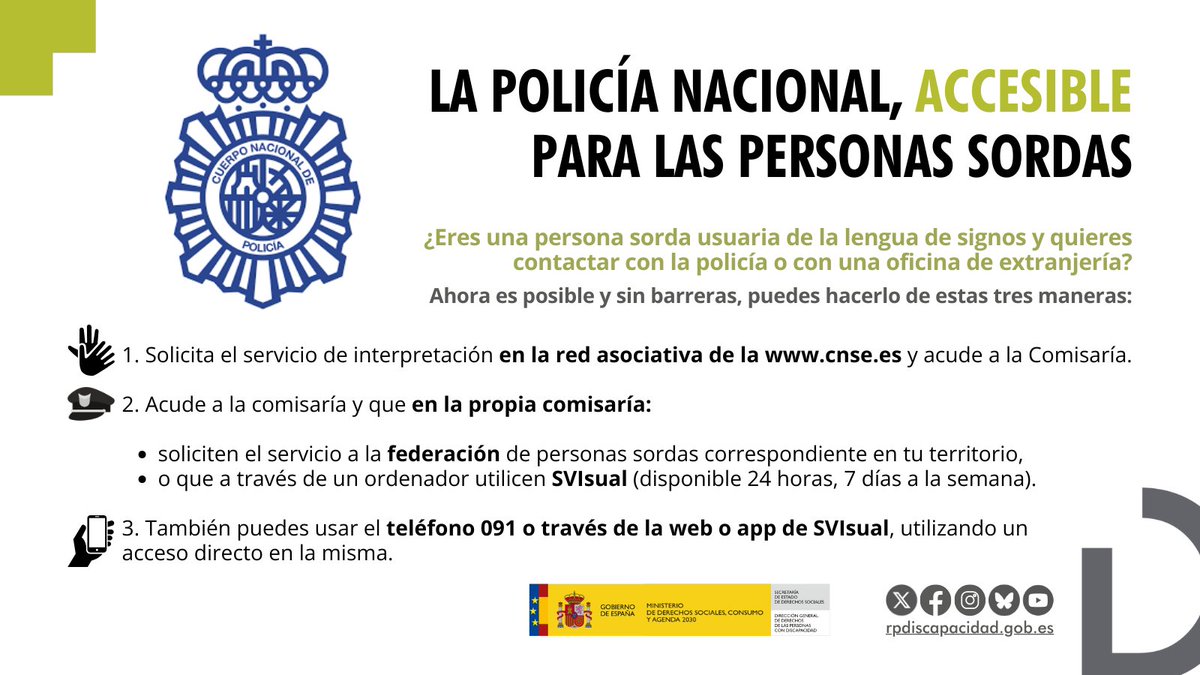 Por una ciudadanía con #discapacidad segura.

Ponemos a disposición de las personas sordas los elementos de #accesibilidad para gestiones y denuncias con la <a href="/policia/">Policía Nacional</a> y las oficinas de extranjería

Te lo explicamos en esta infografía 👇