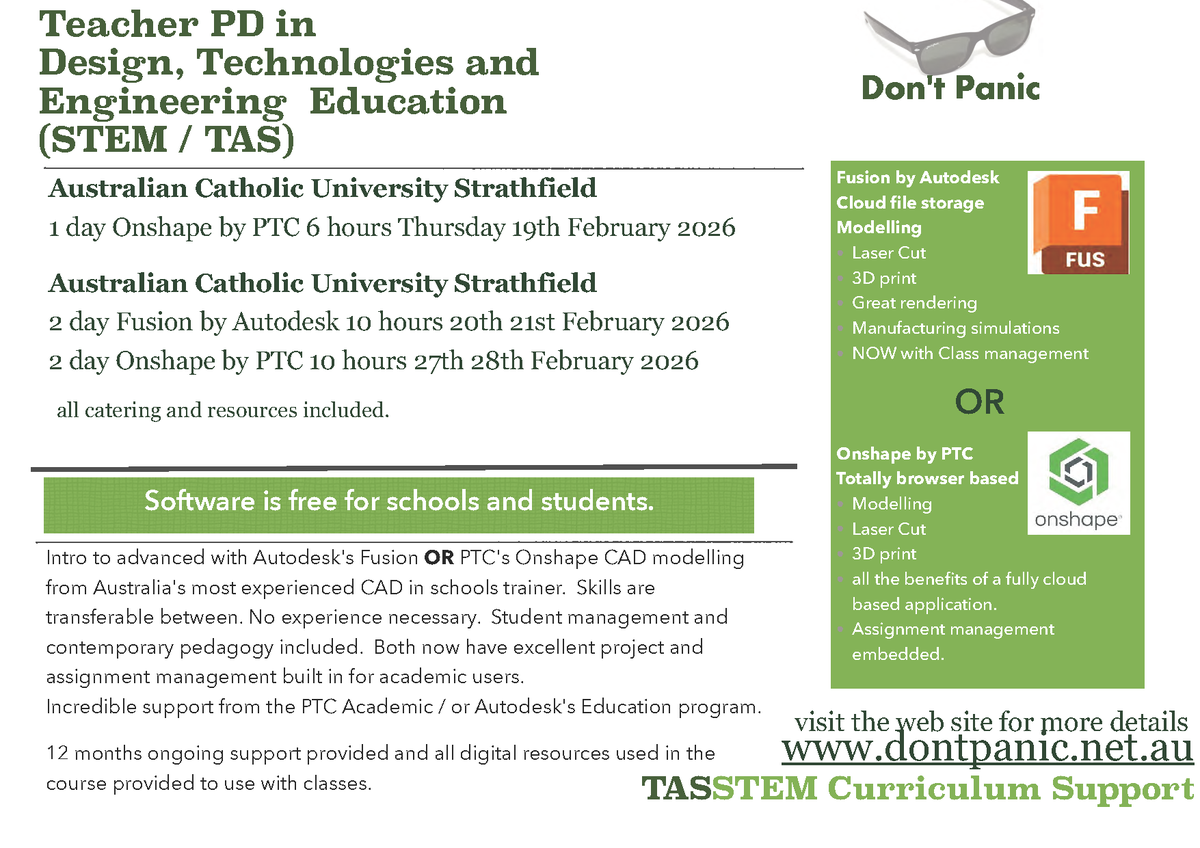 Onshape OR Fusion Computer Aided Design (CAD) for Design, Technologies, Engineering teachers - mailchi.mp/dontpanic.net.…