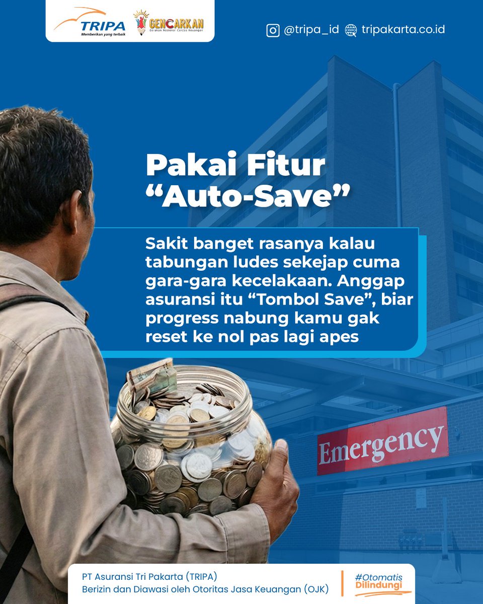 Perjuangan nabungmu nggak bakal sia-sia, karena TRIPA siap jadi "tombol save" yang jaga asetmu tetap utuh dari risiko tak terduga dan bikin kamu #OtomatisDilindungi

#AmanItuMudah #AsuransiTRIPA #TRIPAInsurance #GENCARKANOJK
