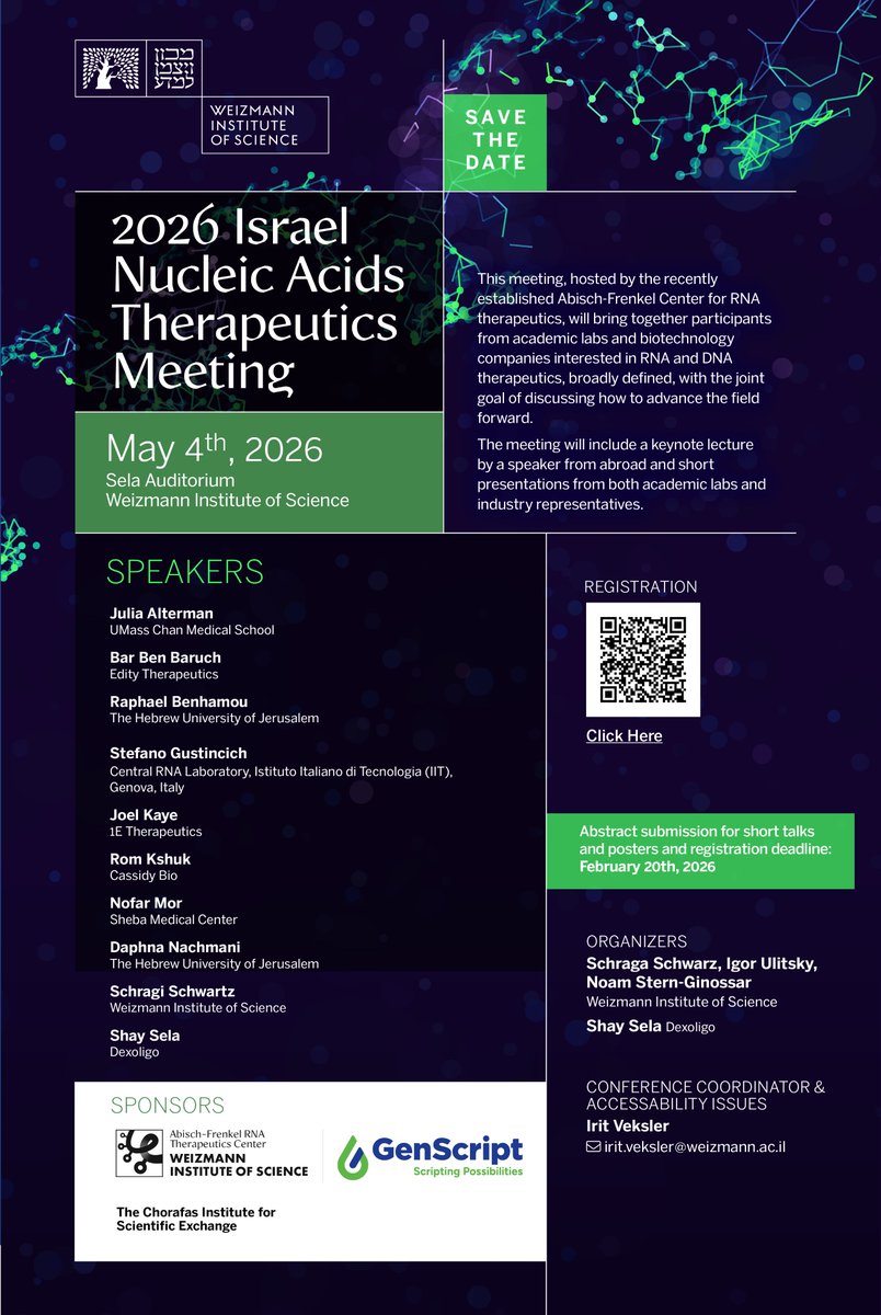 IgorUlitsky's tweet photo. Save the date! May 4th this year will be both Star Wars Day, and the 3rd installment of our Nucleaic Acid Therapeutics meeting @WeizmannScience . As in 2023 and 2025, we aim for an audience of ~300 researchers interested in RNA and DNA therapies, ~50/50% academy and industry. https://t.co/vJVLHe5xHQ