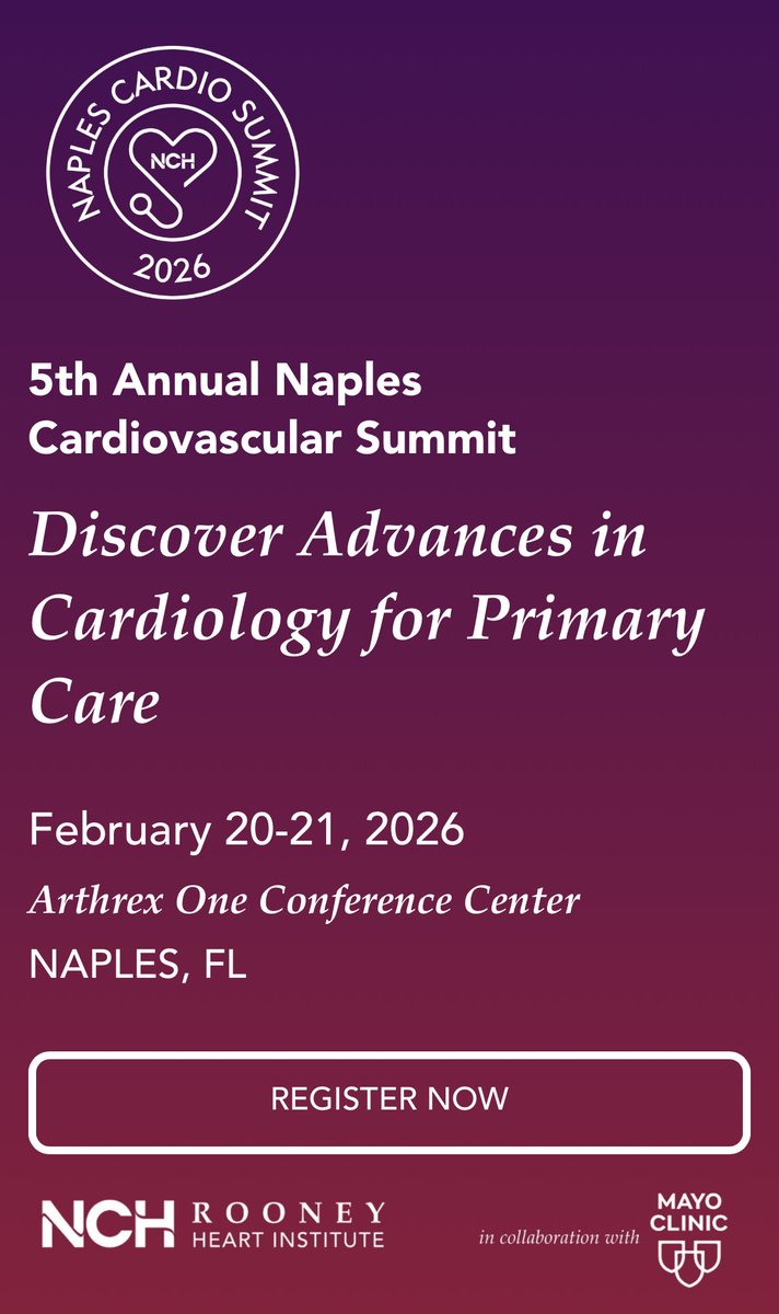 RCubedduMD's tweet image. CAN'T ATTEND IN PERSON? REGISTER VIRTUALLY  RHICardioSummit.com
Experience the 5th Annual Naples Cardiovascular Summit from anywhere in the world, featuring leading cardiology experts from @NCHRooneyHeart &amp;amp; @MayoClinic. Ideal for primary care, nurses, cardiologists &amp;amp; trainees
