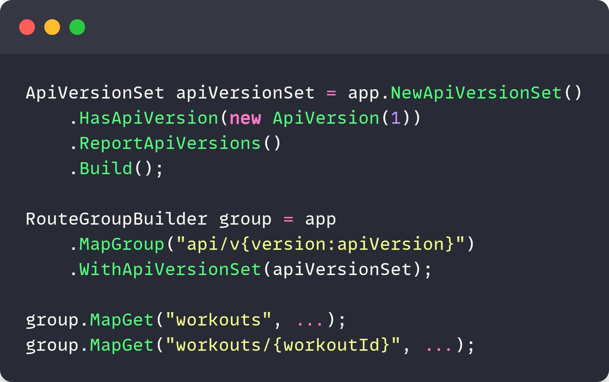mjovanovictech's tweet photo. How can you version Minimal APIs?

You need to define an ApiVersionSet and apply it to your endpoints.

A smarter approach is to create a route group and apply the API version. Then, you'll use the route group to map individual endpoints. https://t.co/MEKzDpu83f