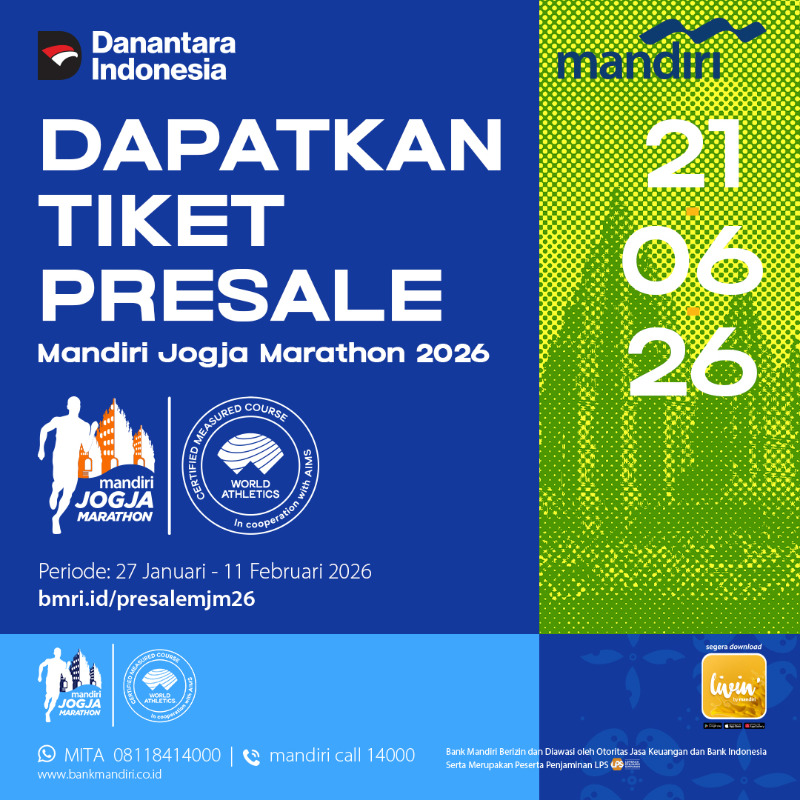 bankmandiri's tweet photo. Ikuti program Livin’ Special Presale Mandiri Jogja Marathon 2026 melalui fitur Livin’ Sukha di aplikasi Livin’ by Mandiri.

Bank Mandiri berizin dan diawasi oleh Otoritas Jasa Keuangan dan Bank Indonesia, serta merupakan peserta penjaminan LPS.