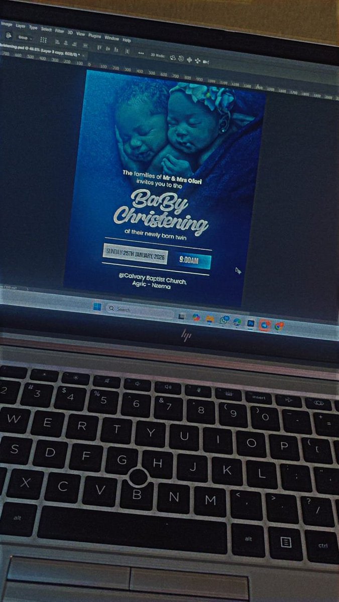 This_is_temi's tweet photo. Day 17 Done โ
.
Replicated this Baby Christening flyer from a YouTube tutorial today! ๐ถ๐ถ
We go again tomorrow
#DesignJourney #Photoshop #YouTubeLearning #GraphicDesign https://t.co/QOqVcdO0vS