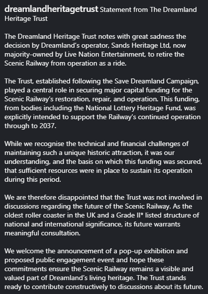 Interesting statement from the Dreamland Heritage Trust on the closure of the Scenic Railway. Evidently Live Nation have the means to continue operating the ride but simply don't want to. They obviously don't care about the park, besides serving as a backdrop for the music venue.