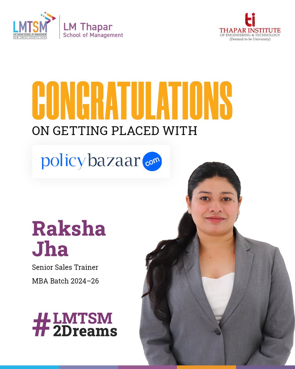 We are proud to share that Raksha Jha (MBA Batch 2024–26) has been successfully placed as a Senior Sales Trainer at <a href="/policybazaar/">Policybazaar</a>, India’s largest insurance marketplace and a leading global fintech organization.

#LMTSM #StudentSuccess #PolicyBazaar #MBAPlacements #LMTSM2Dreams