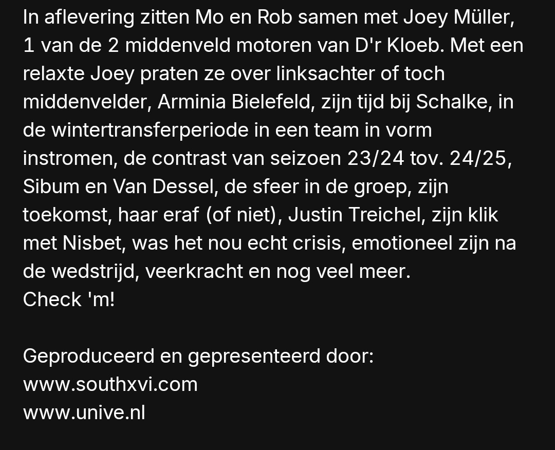 #rodajc Deze week in the Voice of Kaalhei bij Rob Fransen van <a href="/southXVI/">XVI</a>  en <a href="/mauricethelen/">Maurice Thelen</a> Joey Müller één van onze controleurs op het middenveld. Ook deze aflevering is het luisteren meer dan waard. Verder kan ik iedereen geruststellen , met mij is alles goed😉👍