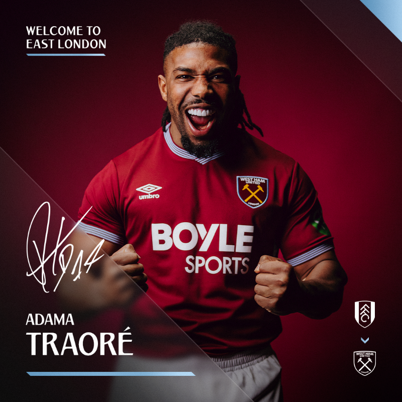 WestHam's tweet photo. West Ham United is pleased to confirm the signing of Spain international winger Adama Traoré. 🤝