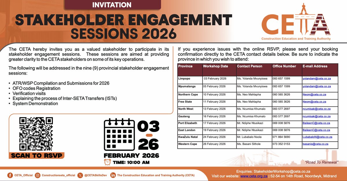 BBCBE_SA's tweet photo. The CETA hereby invites you as a valued stakeholder to participate in its stakeholder engagement sessions.

Facebook: CETA_Oﬃcial
Instagram: Constructionseta_oﬃcial
X: @CETASkillsDev
LinkedIn: The Construction Education and Training Authority (CETA) https://t.co/rFlbIxqcXH