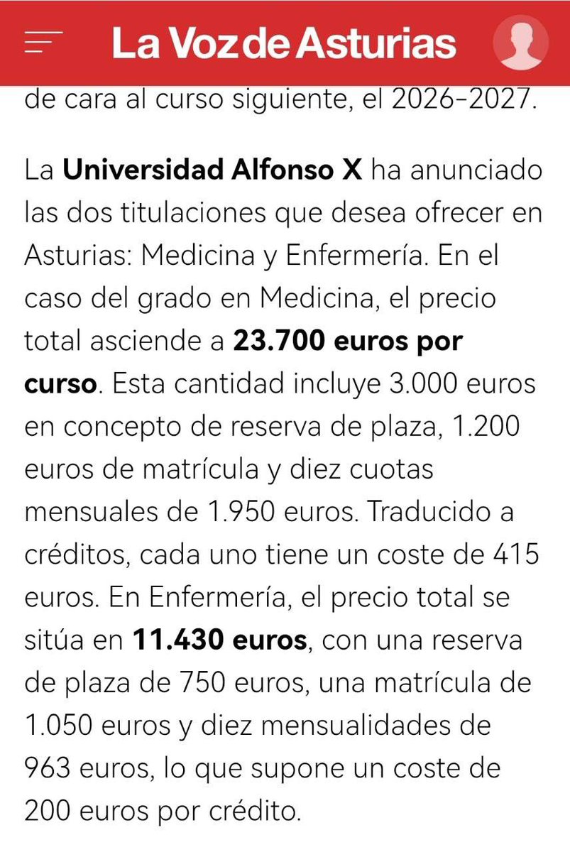 23.700€ al año por estudiar Medicina. 11.430€ por Enfermería.
No es “oferta educativa”: es selección por renta.
Defendamos la UniOvi y la sanidad pública: formación de calidad para la mayoría, no para quien pague. 

lavozdeasturias.es/noticia/asturi…