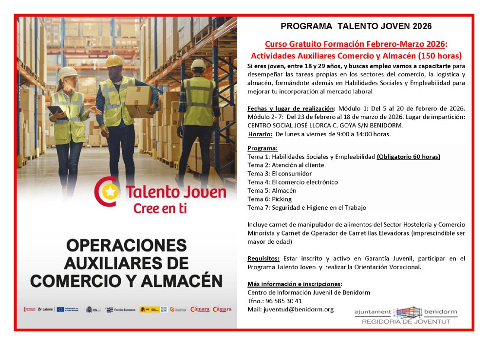 📢 ¡¡¡ÚLTIMAS PLAZAS, INSCRIPCIÓN GRATUITA!!! 📢
Aprovecha esta oportunidad de formación para el empleo.
¿Dónde pedir información e inscribirte? 👇
📍 Centro de Información Juvenil 🏢 Plaza SS.MM. Reyes de España, Benidorm
!📞📲 ☎️ 965 853 041 📱 618 529 476
