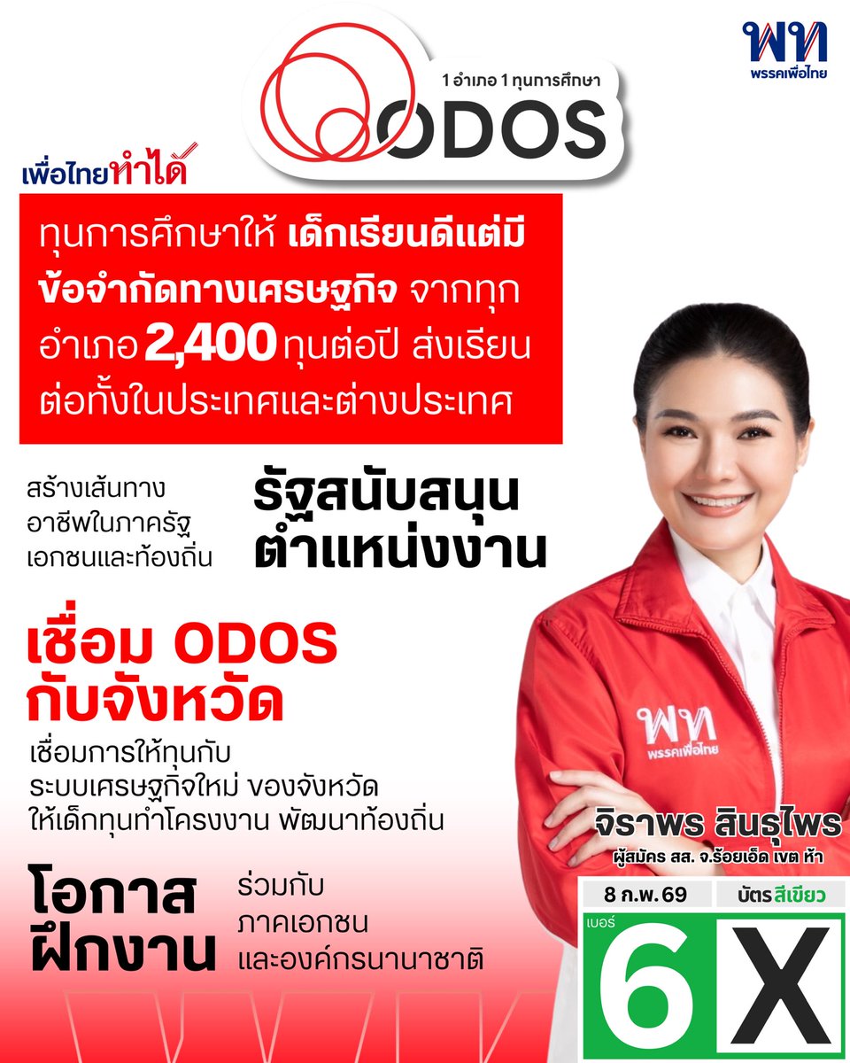 ‘หนึ่งอำเภอ หนึ่งทุนการศึกษา’ หรือ ODOS (One Dicstrict One Scholarship) นโยบายที่เริ่มจาก #ไทยรักไทย สู่ #เพื่อไทย ที่รัฐบาลมอบทุนการศึกษาให้กับนักเรียนที่เรียนดีไปศึกษาต่อต่างประเทศ กระจายทุนไปทุกอำเภอทั่วประเทศไทย เราเคยทำมาแล้ว และเราจะทำต่อค่ะ