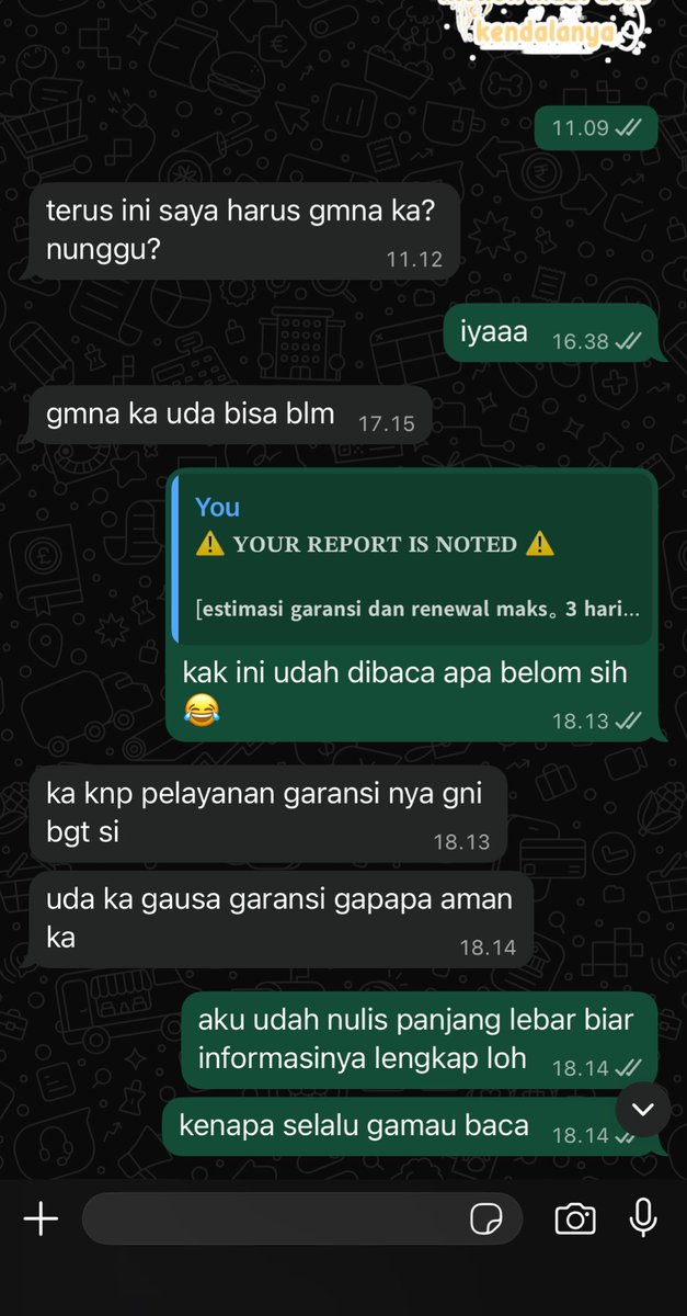 untuk apa nulis informasi garansi sebanyak itu kalau tidak dibaca🙂‍↔️🙂‍↔️ maaf sudah muak🙏🏻🙏🏻🙏🏻

nb: app merah kena wiped massal, cust ini ga kali ini aja kyk gini tapi selalu protes tiap saat waktu garansi #zonauang