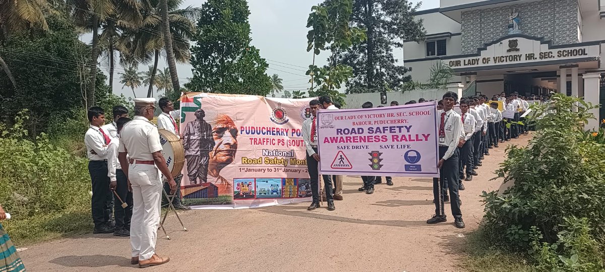 PondyTraffic's tweet photo. As part of National Road Safety Month 2026, a Road Safety Awareness Rally was conducted in the Bahour area by Our Lady Higher Secondary School, Bahour and for the students of Sri Sankar Vidyalaya Higher Secondary School, Villianur today https://t.co/5YQ0HcWUgF