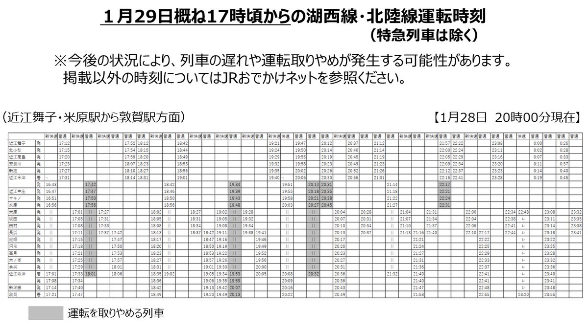 1月29日概ね17時頃からの湖西線・北陸線運転時刻【2026年1月28日 20時