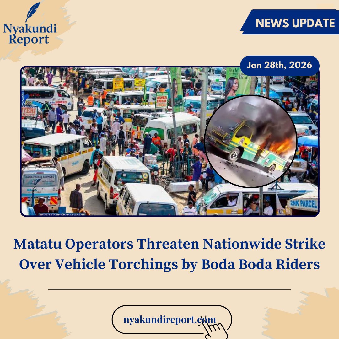 NyakundiReport's tweet image. Matatu operators have announced a nationwide strike starting next Monday, citing repeated attacks and torching of their vehicles by boda boda operators and accusing the government of failing to protect them despite the transport sector contributing heavily to taxes and fuel…