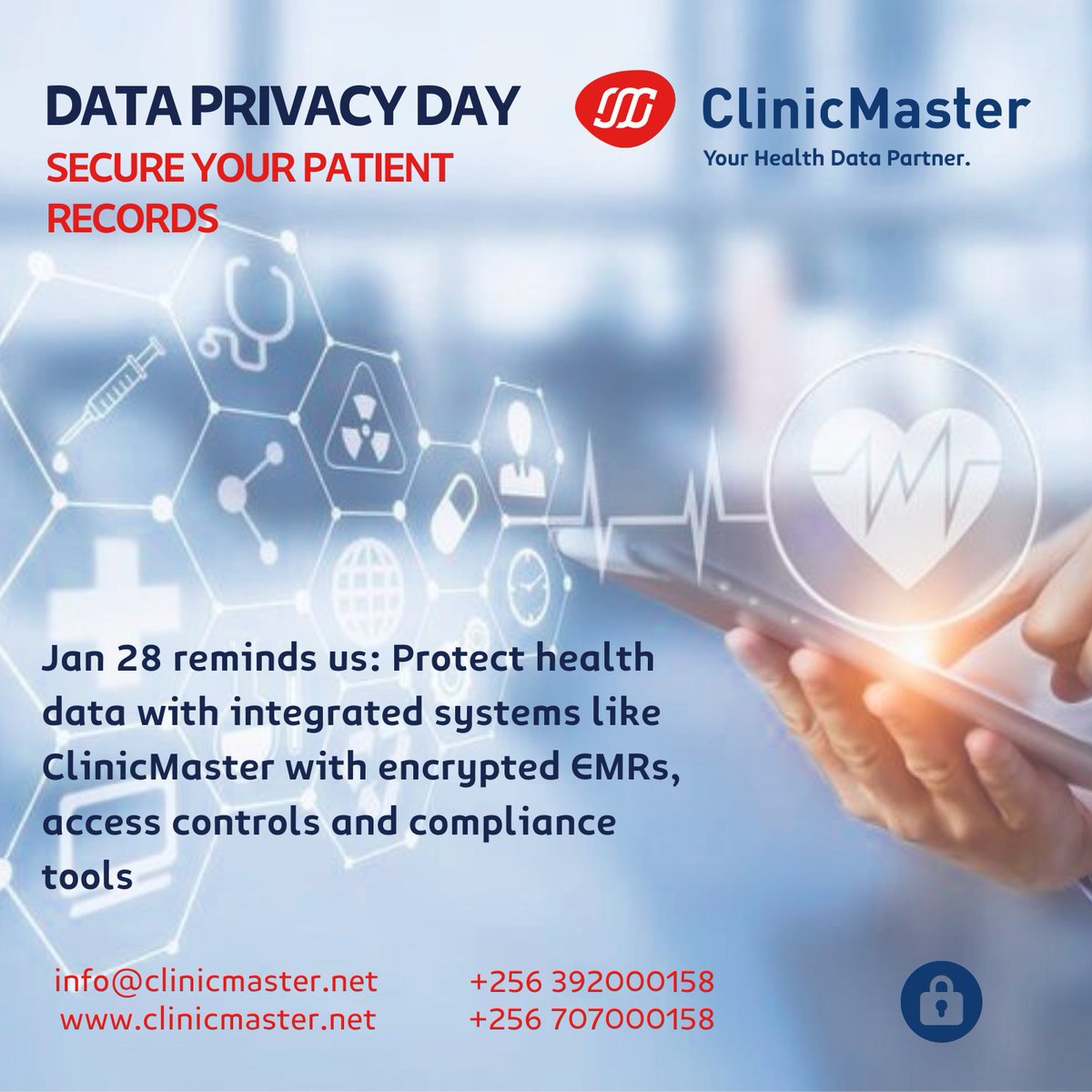 clinicmaster's tweet photo. Data Privacy Day: Secure Your Patient Records.
Jan 28 reminds us: Protect health data with integrated systems like ClinicMaster with encrypted EMRs, access controls and compliance tools.​
Trust us as your secure Health Data Partner. https://t.co/P3ZuR72RCh