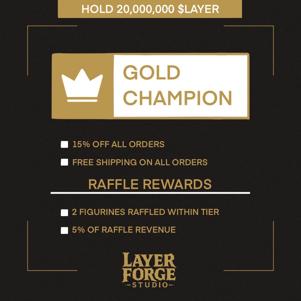 LayerForgeS's tweet image. 🏆 GOLD CHAMPION
Hold 20,000,000 $LAYER

🔥 15% off all orders
🚚 Free shipping
🎟️ 2 figurines raffled in-tier
💰 5% of raffle revenue

This isn’t a badge. It’s a forge perk.
#LayerForge #ForgeRewards