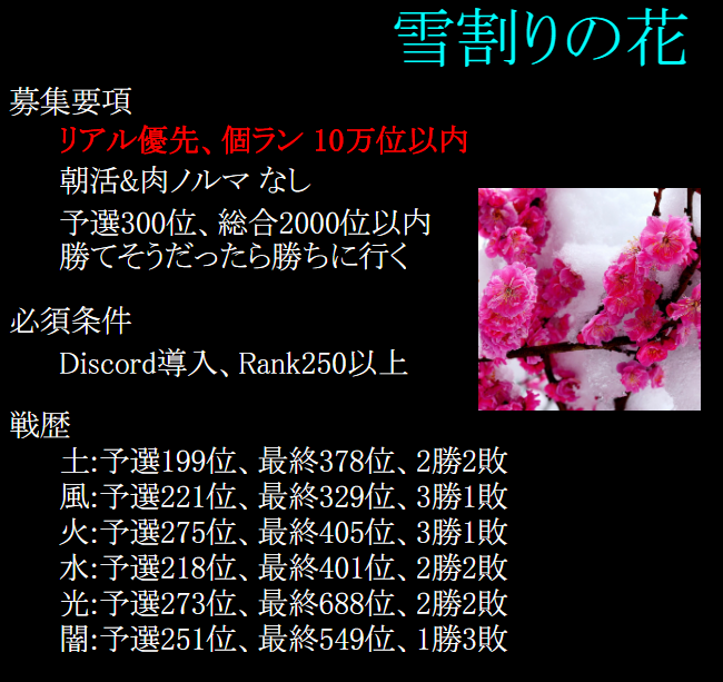SnowFlower_gbf's tweet photo. 団員募集！
ノルマは個人ランキング10万位！
予選300位と接戦時の協力をお願いする形になります。

グラブルに多少疲れてしまった方にオススメの団です。
質問などはDMでよろしくお願いします。 https://t.co/r5252BswlS