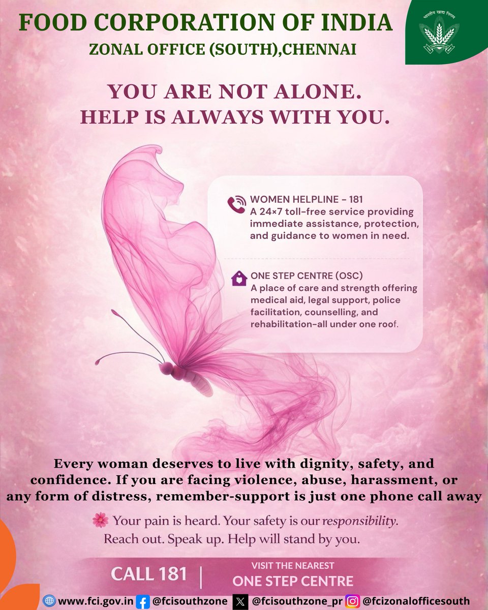 <a href="/FCI_India/">Food Corporation of India</a> Violence against women must never be silent.
Immediate support is available 24×7.
Reach out for care, protection, and justice.
📞 Women Helpline 181 | One Stop Centre.
#EndViolenceAgainstWomen #WomenHelpline #GovernmentInitiative #SafetyForAllWomen #OSC