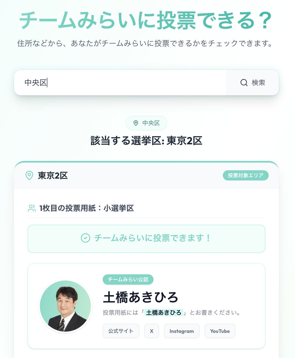 ninofku's tweet photo. 今回の衆院選でさらに注目を集める #チームみらい

最近知って、自分の住んでる場所でチームみらいに投票できるか分からない方向けに、簡単に調べられるサイトを作ってみました（非公式

住所や郵便番号などを入れると、投票できるかどうかとその候補者が出てきます
↓↓
https://t.co/rK8wvwMtfP https://t.co/a9F32zSQ5D