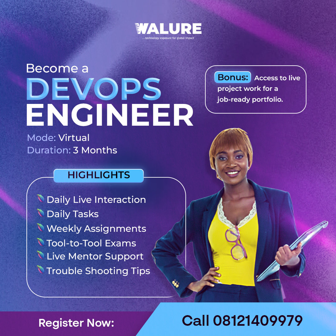 Ready to step into tech the smart way
DevOps is one of the most in demand tech skills globally, and this is your chance to learn it the right way.

Walure is offering a 3 month virtual DevOps Engineering program designed to move you from learning to doing. You will work on live