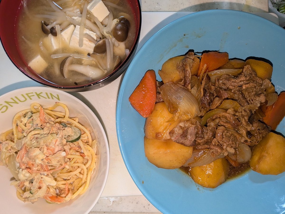 T1DM's tweet image. ほんじつのめにゅー

肉ジャガ，スパゲッチサラダ，豆腐とシメジとモヤシの味噌汁
