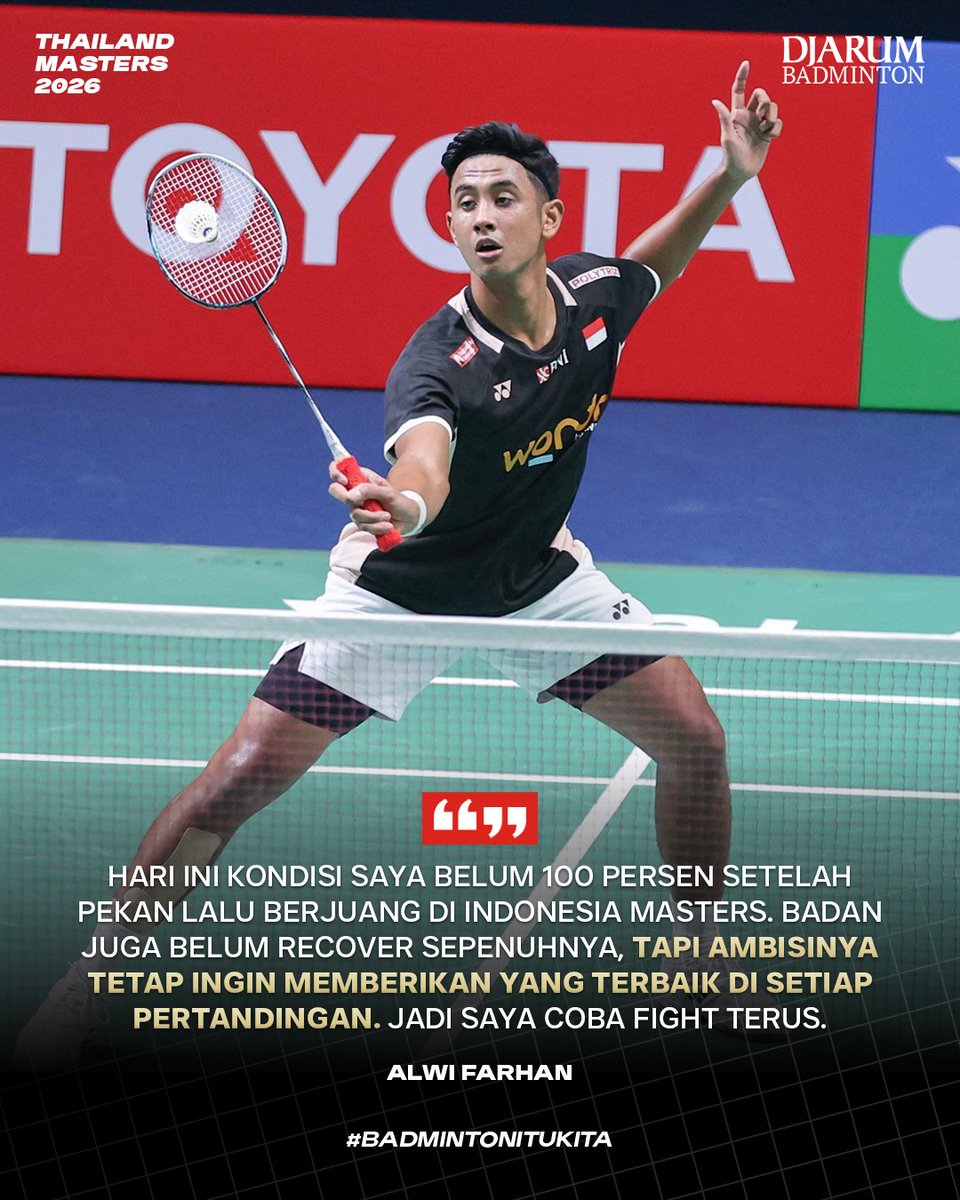 Meski belum berada di kondisi fisik terbaik, Alwi Farhan (2) tetap menunjukkan mental juara untuk menembus babak 32 besar Thailand Masters 2026.